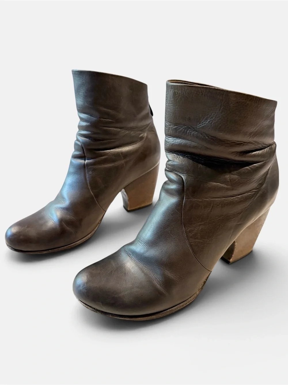Coclico Brown Leather Slouch Ankle Boots Wood Block Heel EU 39.5 Distressed